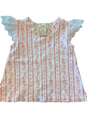 The Beaufort Bonnet Company Pink & White Floral Stripe Lace-Sleeve Tank